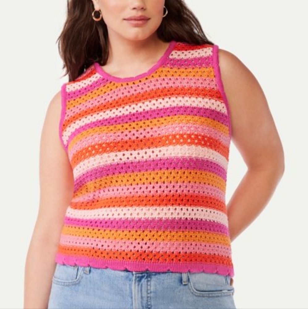 Free Assembly Women’s Crochet Sweater Tank Top Pink Orange Grannycore Boho XL